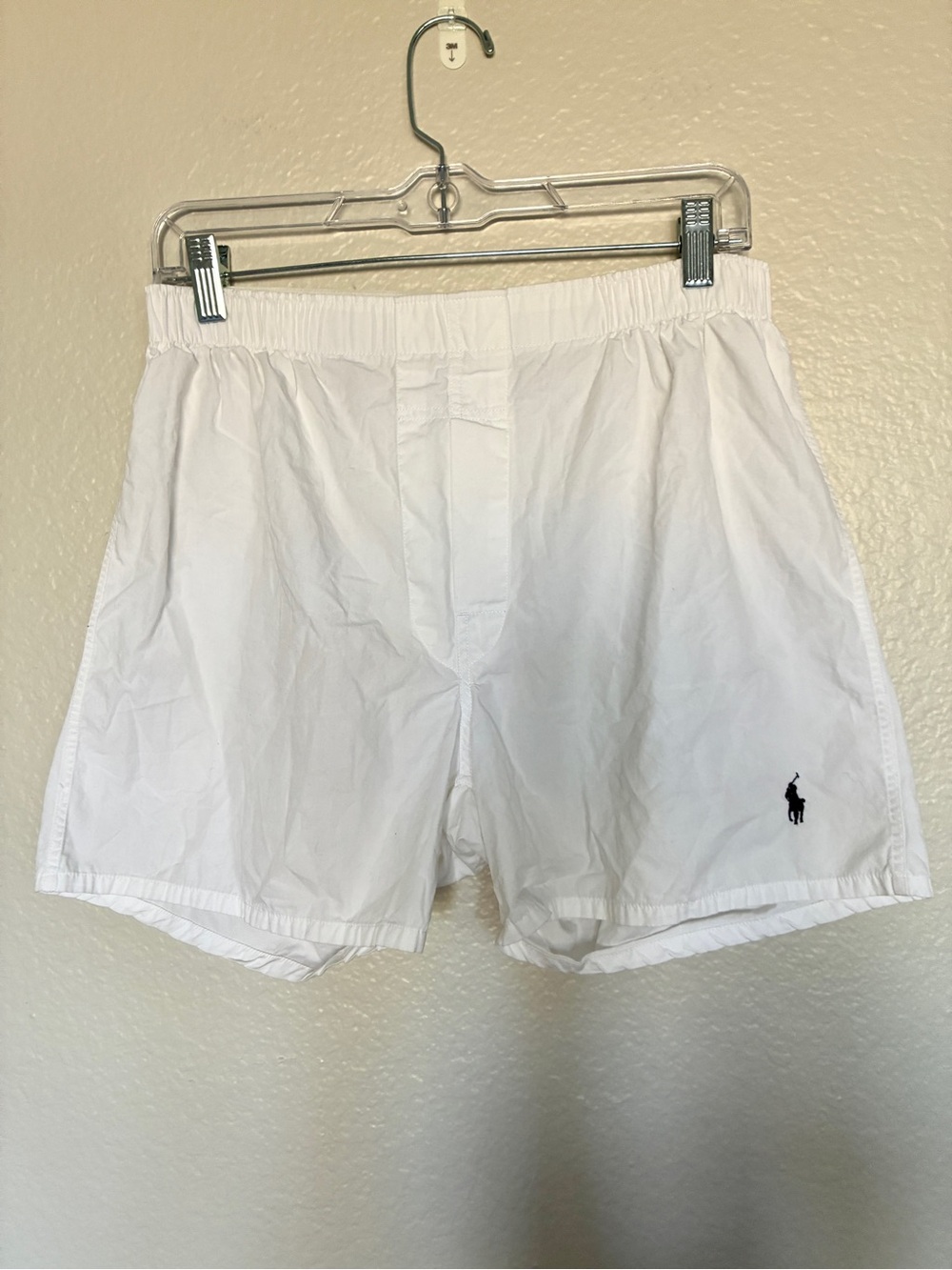 Ralph Lauren M White Cotton Knit Boxer Shorts Elastic Waist Embroidered Navy